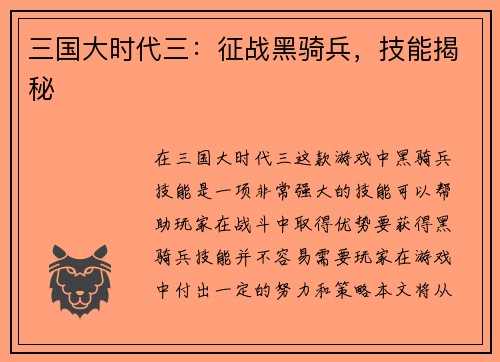 三国大时代三：征战黑骑兵，技能揭秘